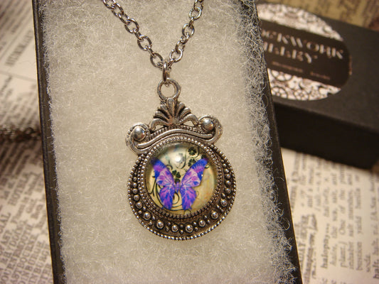 Purple Butterfly Image Small Ornate Necklace