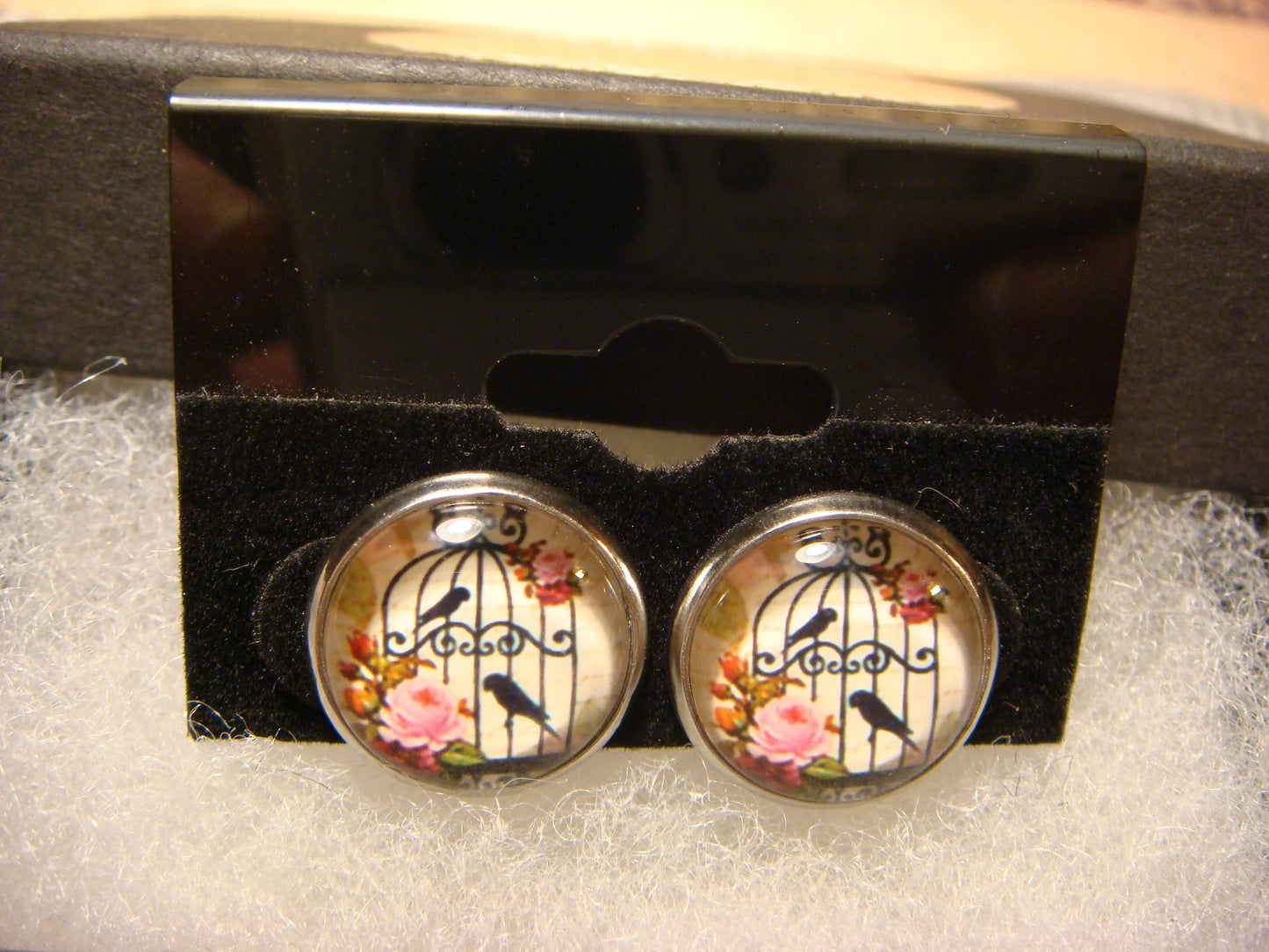 Floral Bird Cage Image Stainless Steel Stud Earrings