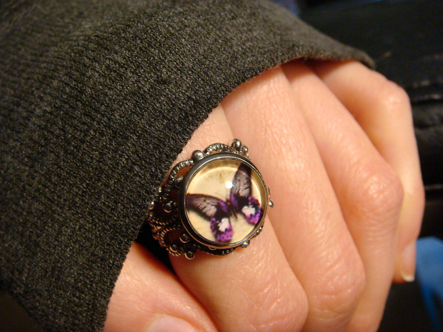 Purple Butterfly Image Filigree Ring in Antique Silver - Adjustable