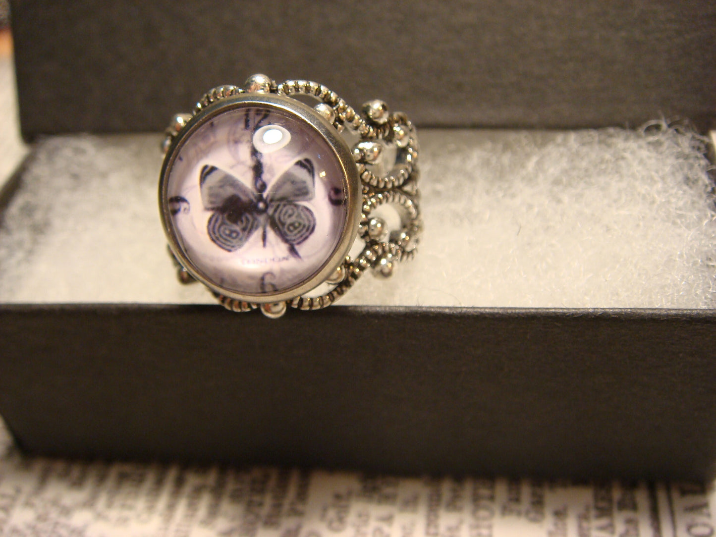 Butterfly Clock Image Filigree Ring in Antique Silver - Adjustable