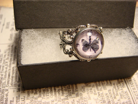 Butterfly Clock Image Filigree Ring in Antique Silver - Adjustable