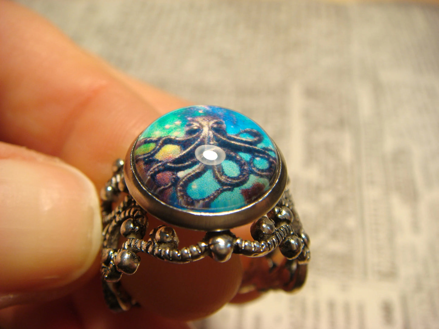 Octopus Galaxy Image Filigree Ring in Antique Silver - Adjustable