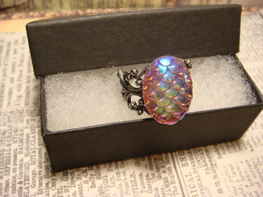 Iridescent Pink Scales Filigree Ring in Antique Silver - Adjustable