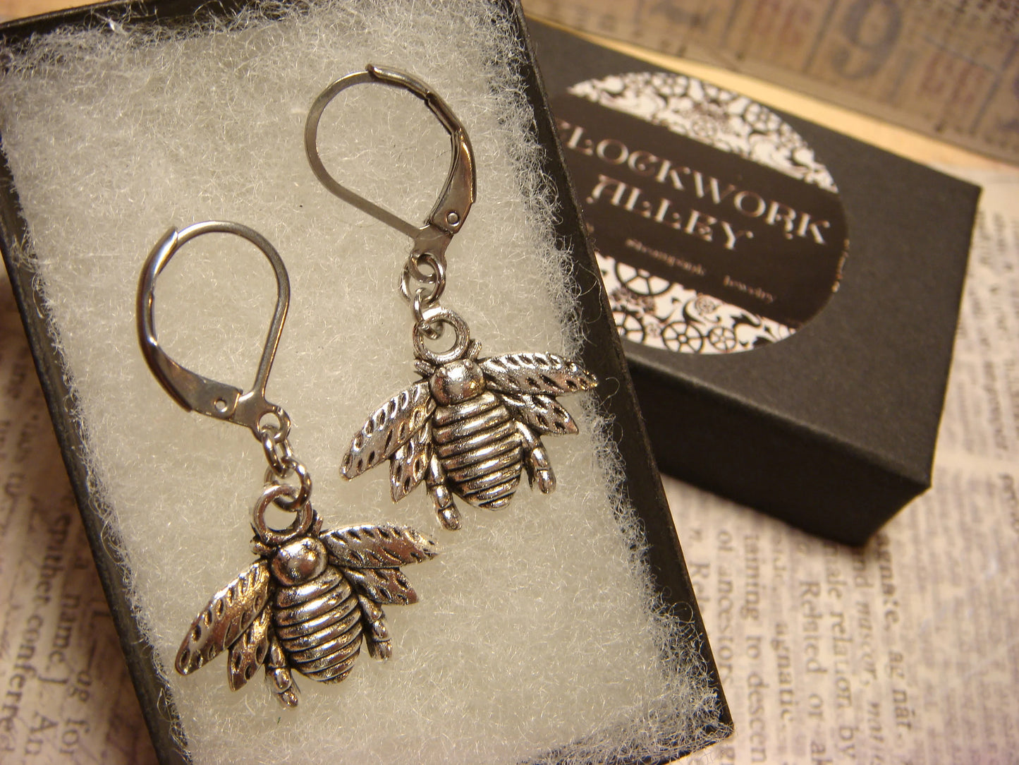 Bee Dangle Earrings in Antique Silver