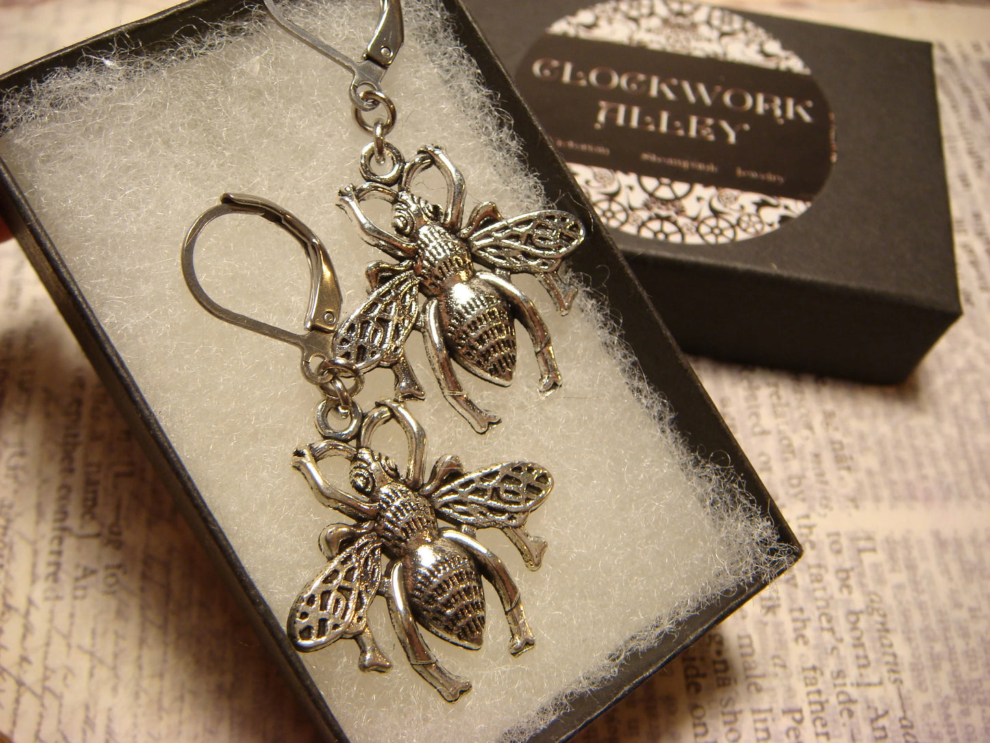 Bee Dangle Earrings in Antique Silver