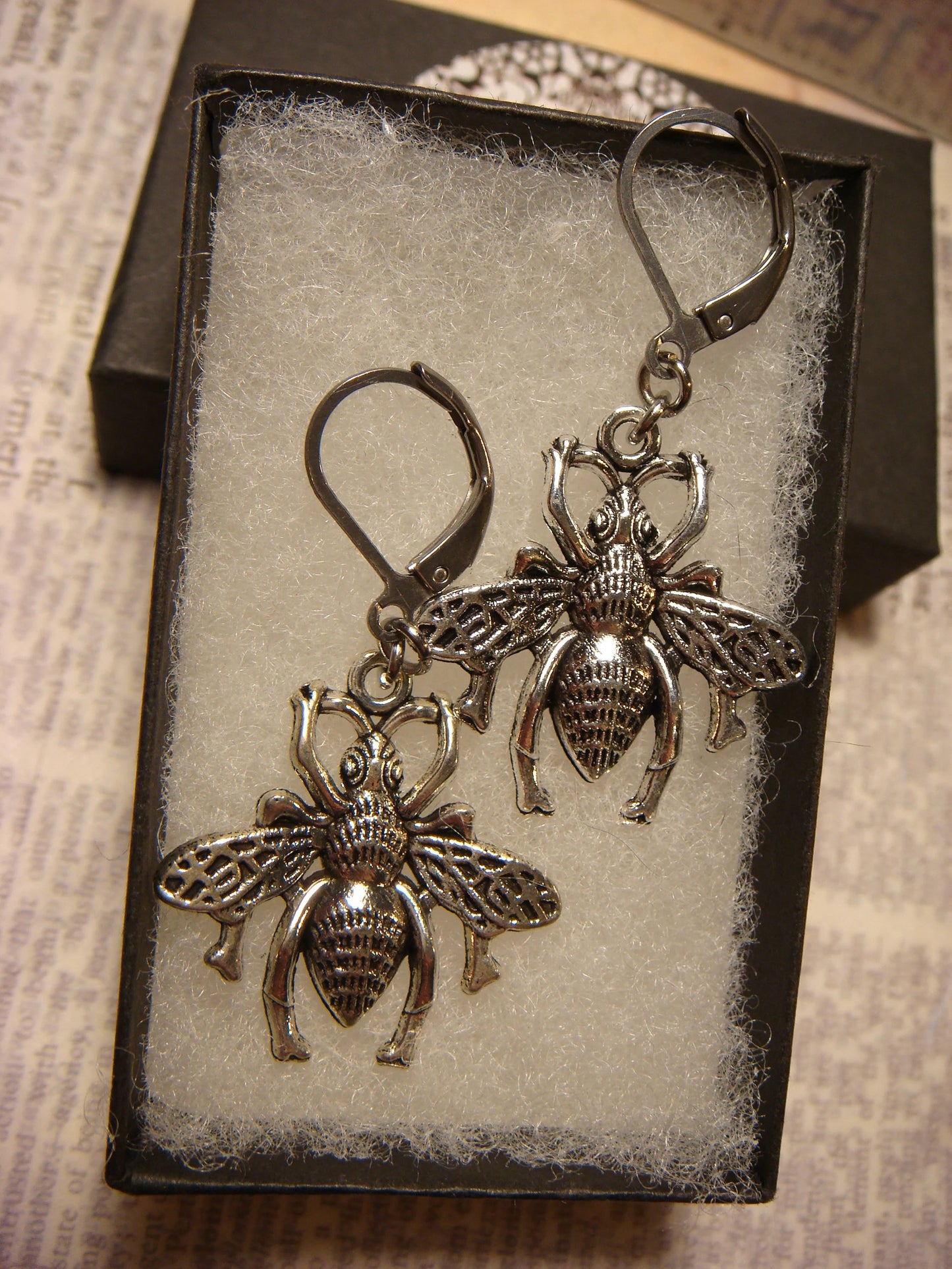 Bee Dangle Earrings in Antique Silver