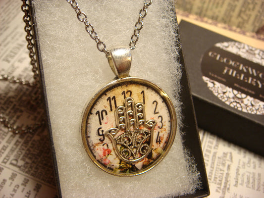 Hamsa over Floral Clock Pendant Necklace