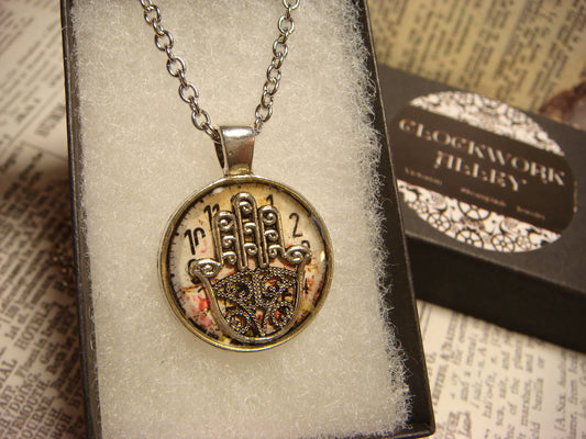 Hamsa over Floral Clock Small Pendant Necklace