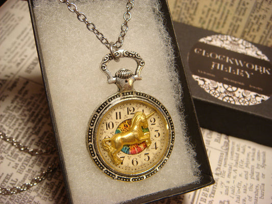 Unicorn over Clock Pocket Watch Pendant Necklace
