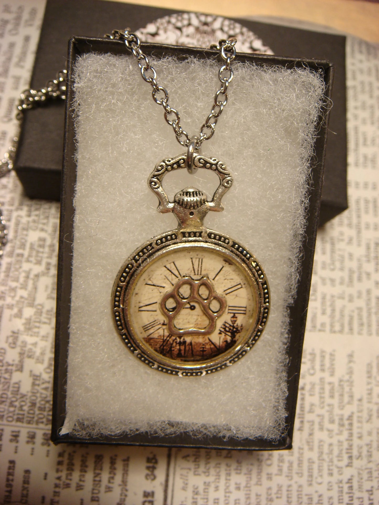 Paw over Victorian Clock Pocket Watch Pendant Necklace