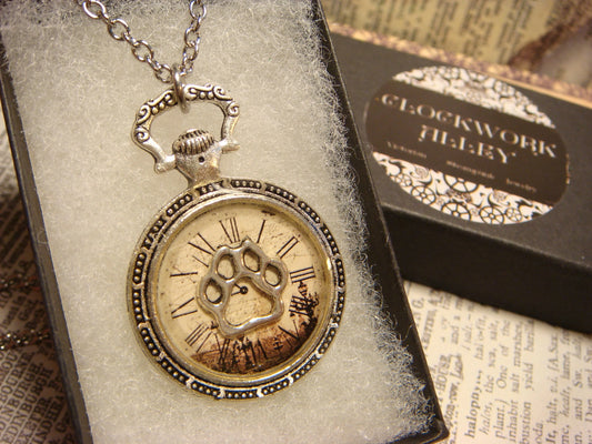 Paw over Victorian Clock Pocket Watch Pendant Necklace