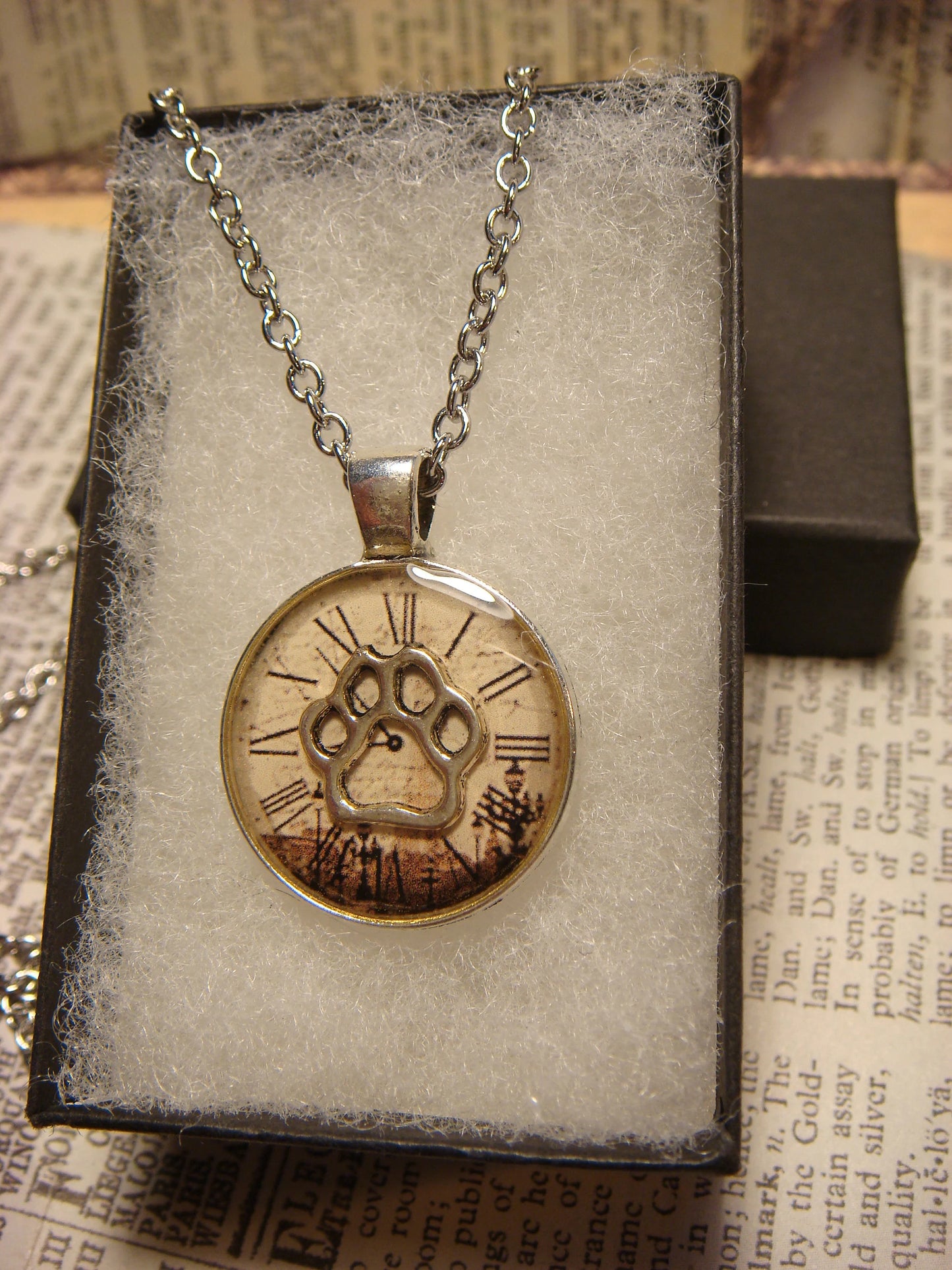 Paw over Victorian Clock Small Pendant Necklace
