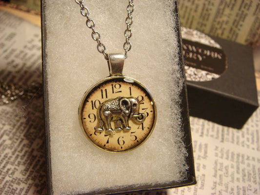 Elephant over Clock Small Pendant Necklace