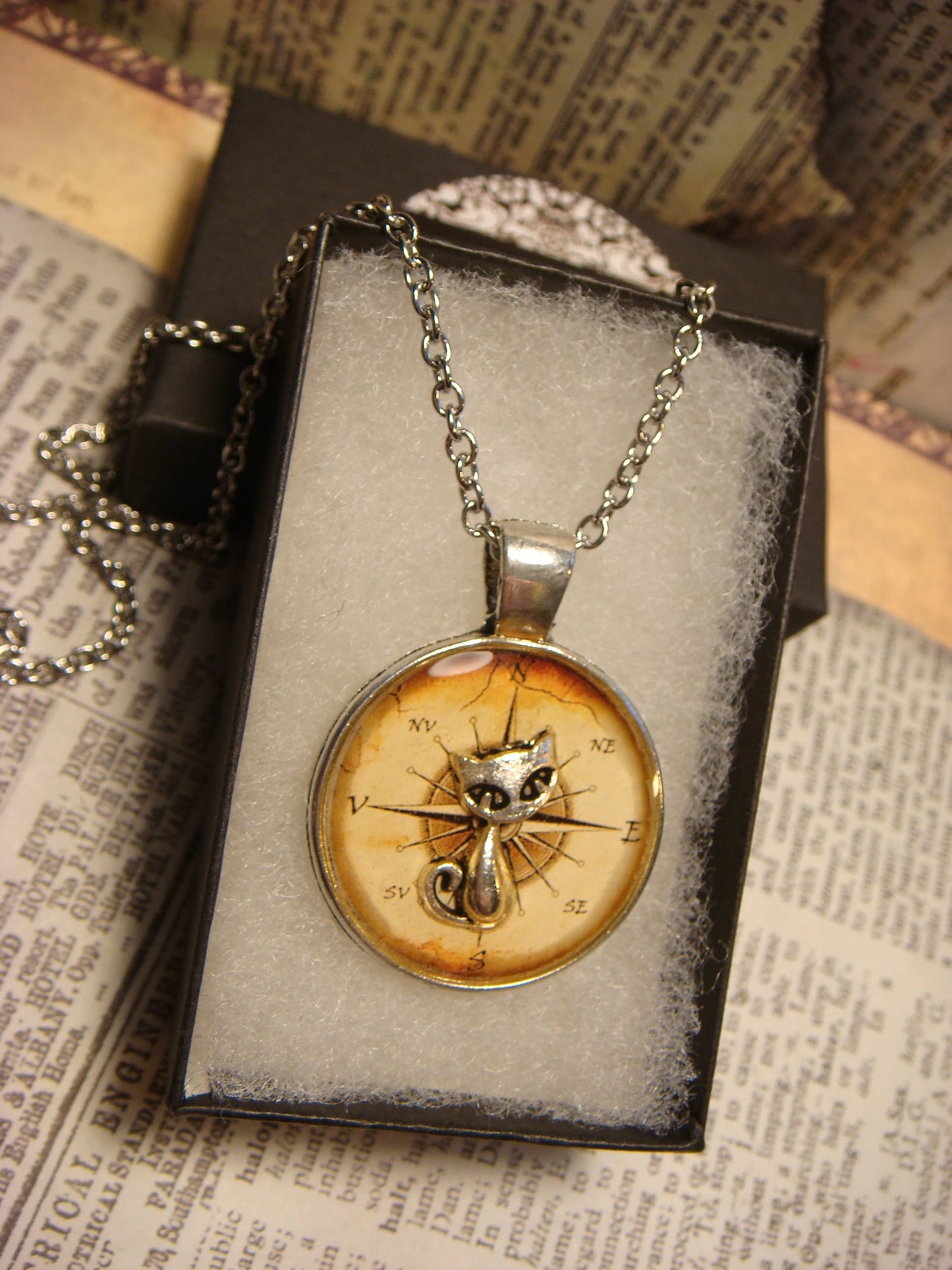 Cat over Compass Rose Pendant Necklace