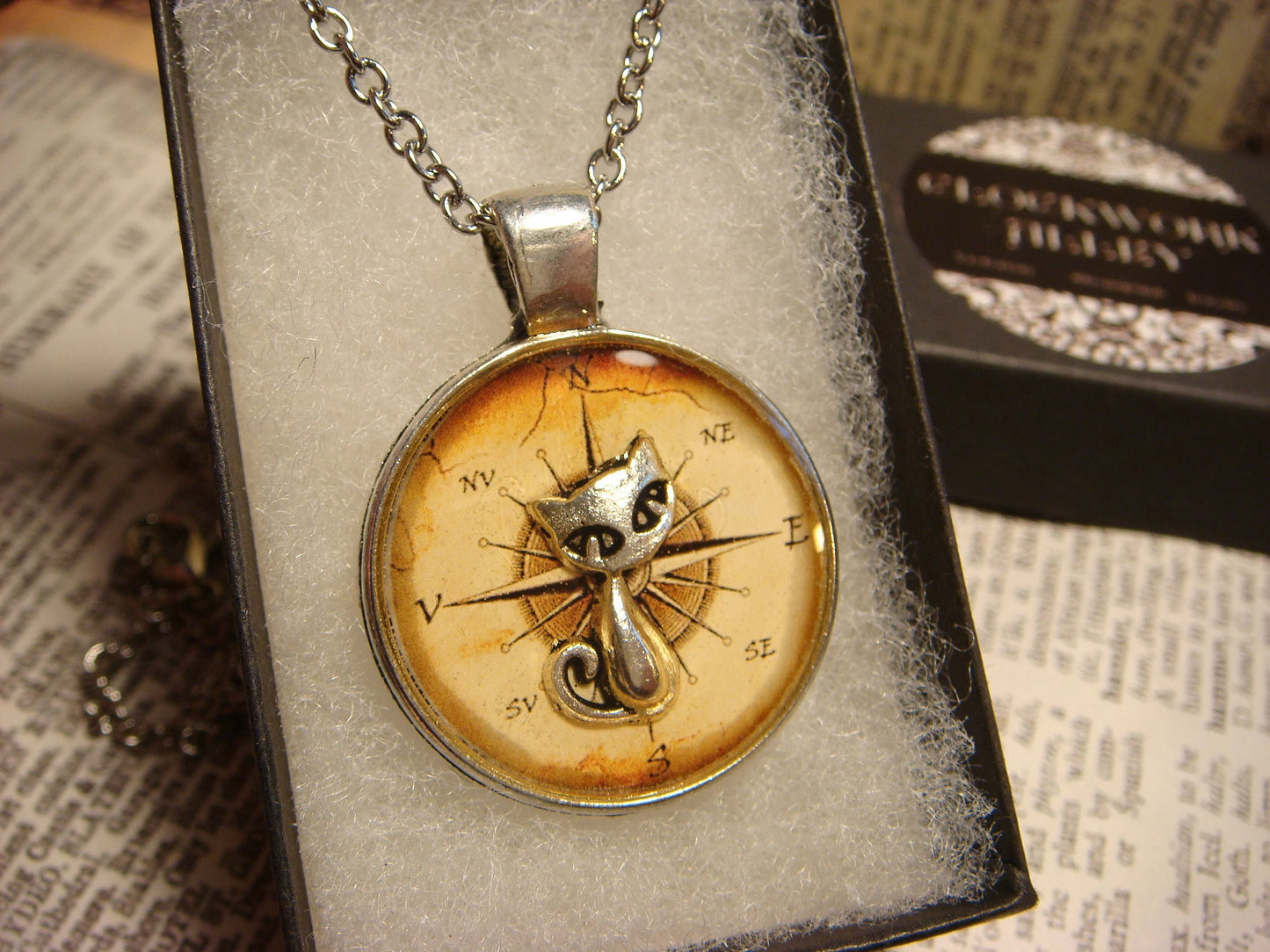 Cat over Compass Rose Pendant Necklace