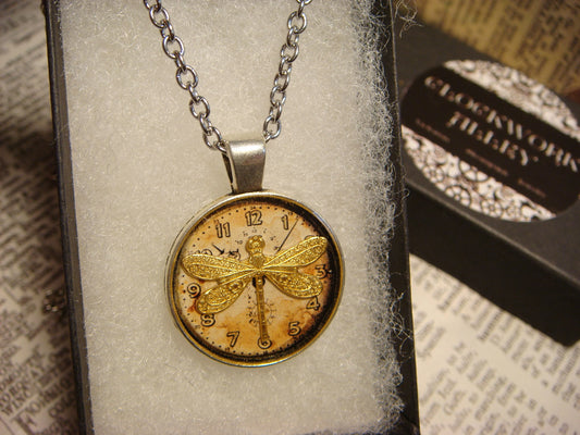Dragonfly over Clock Small Pendant Necklace