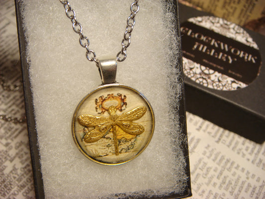 Dragonfly over Map Small Pendant Necklace