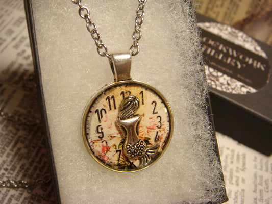 Mermaid over Floral Clock Small Pendant Necklace