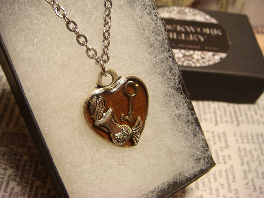Mermaid and Key Tiny Heart Necklace