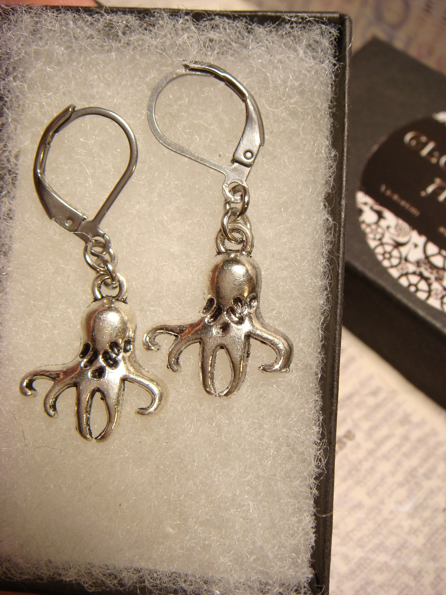 Octopus Dangle Earrings in Antique Silver