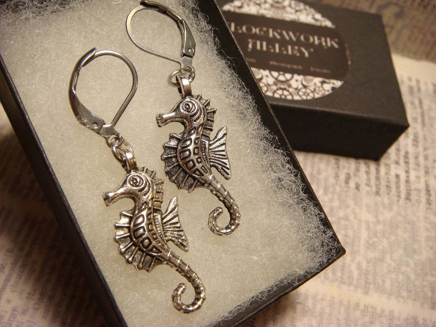 Seahorse Dangle Earrings in Antique Silver