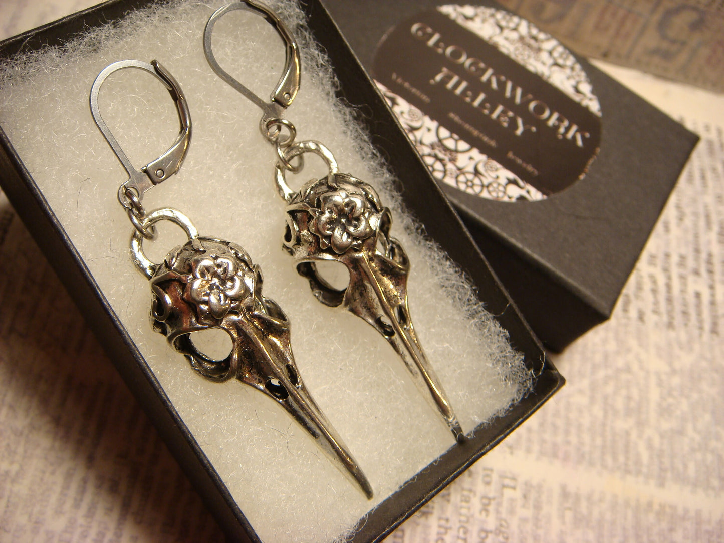 Raven Bird Skull Dangle Earrings in Antique Silver