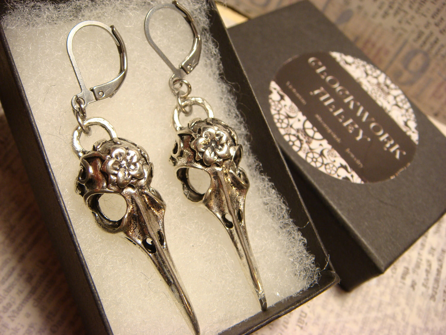 Raven Bird Skull Dangle Earrings in Antique Silver