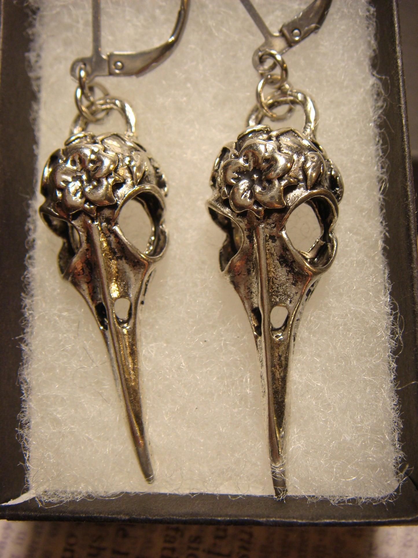 Raven Bird Skull Dangle Earrings in Antique Silver