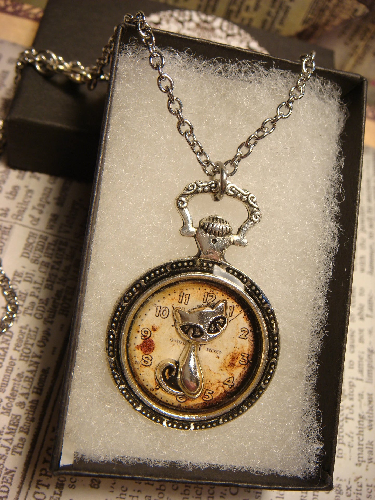 Cat over Clock Pocket Watch Pendant Necklace