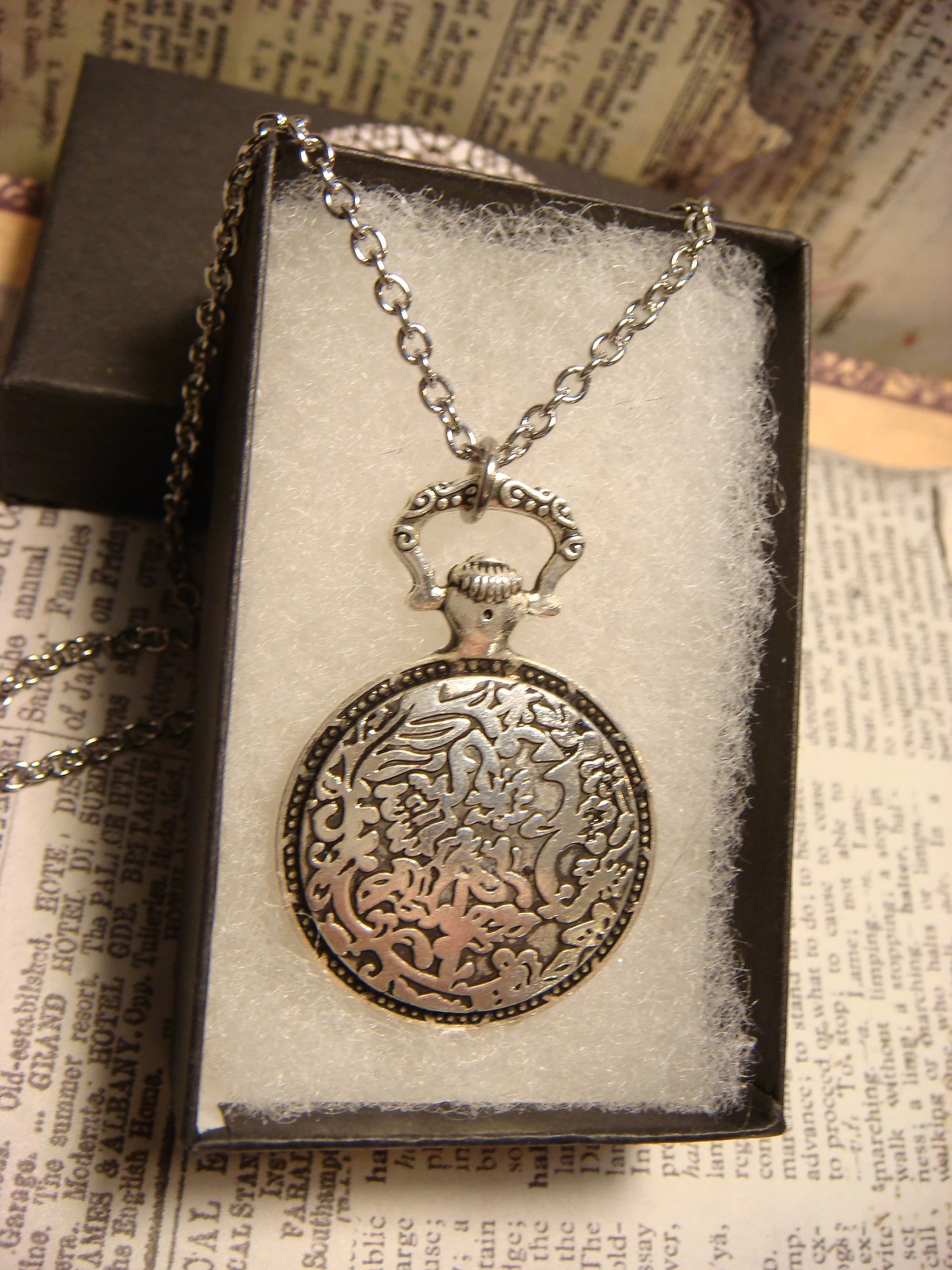 Cat over Clock Pocket Watch Pendant Necklace