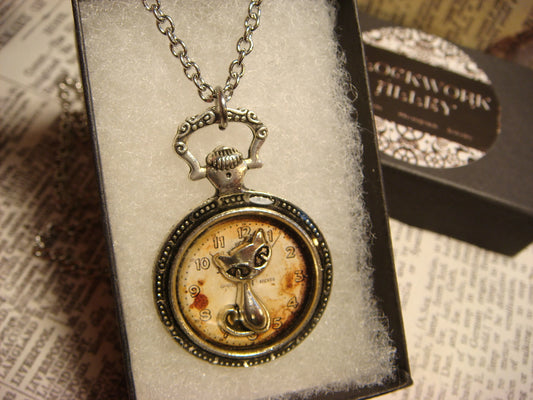 Cat over Clock Pocket Watch Pendant Necklace