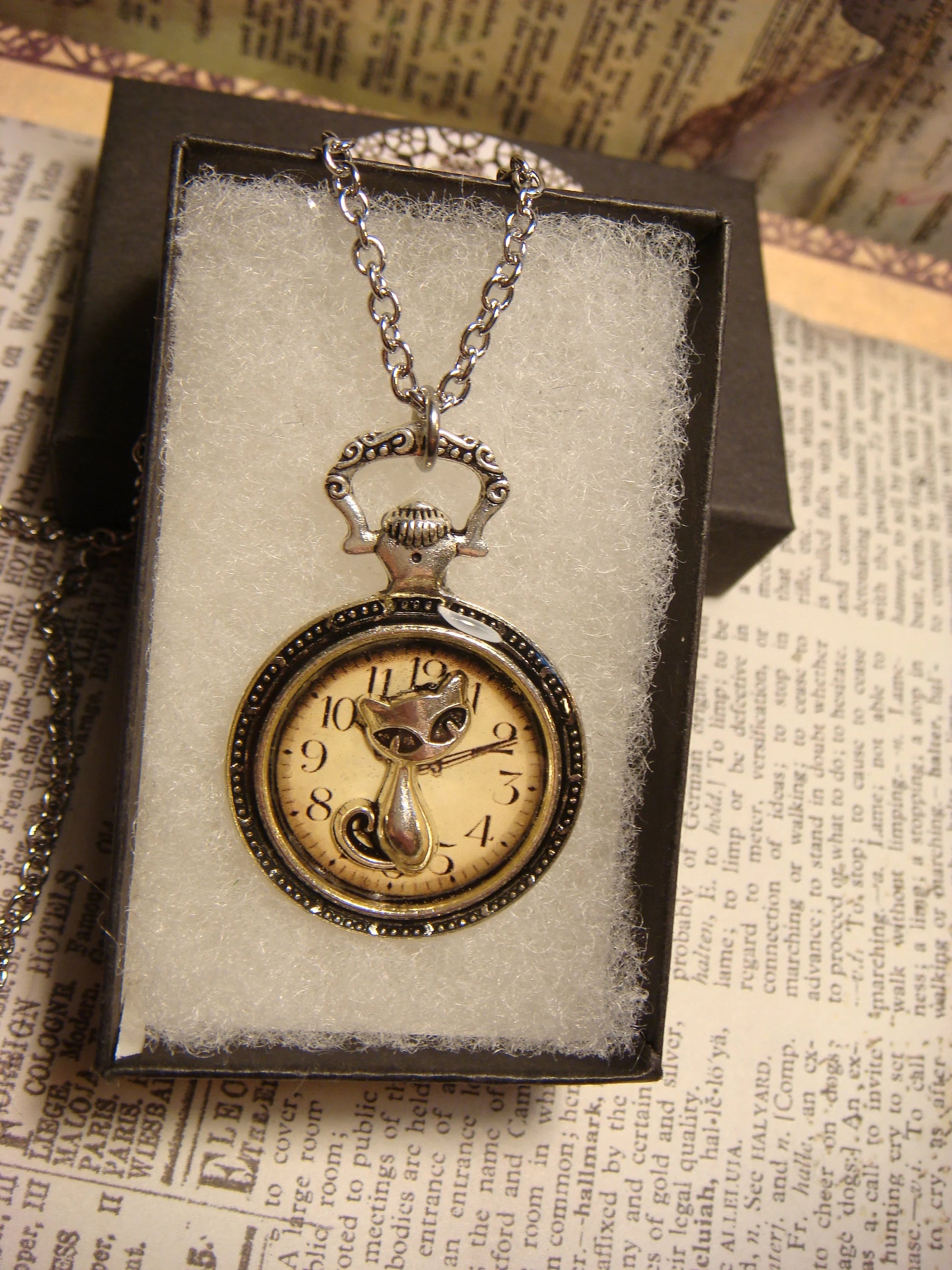 Cat over Clock Pocket Watch Pendant Necklace Clockwork Alley
