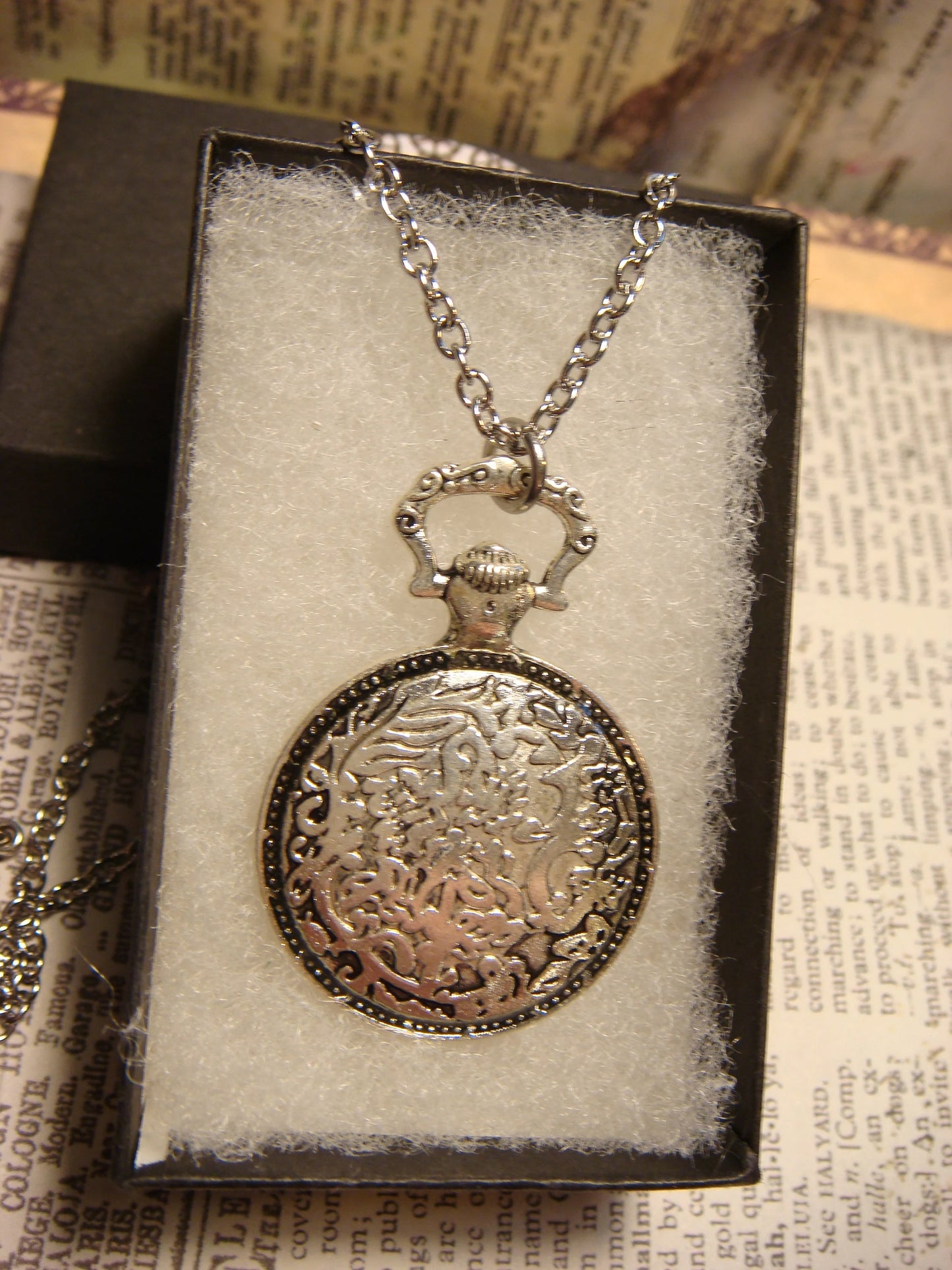 Cat over Clock Pocket Watch Pendant Necklace