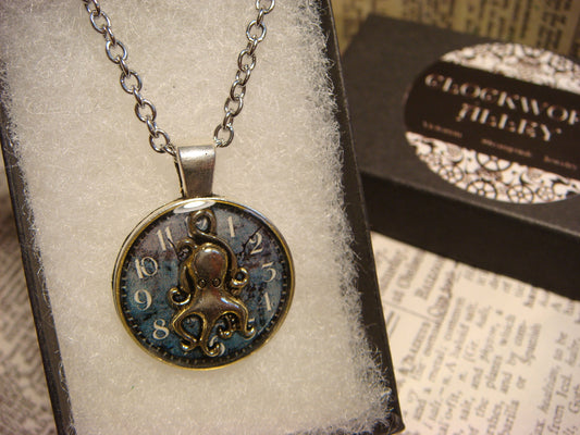Octopus over Clock Small Pendant Necklace