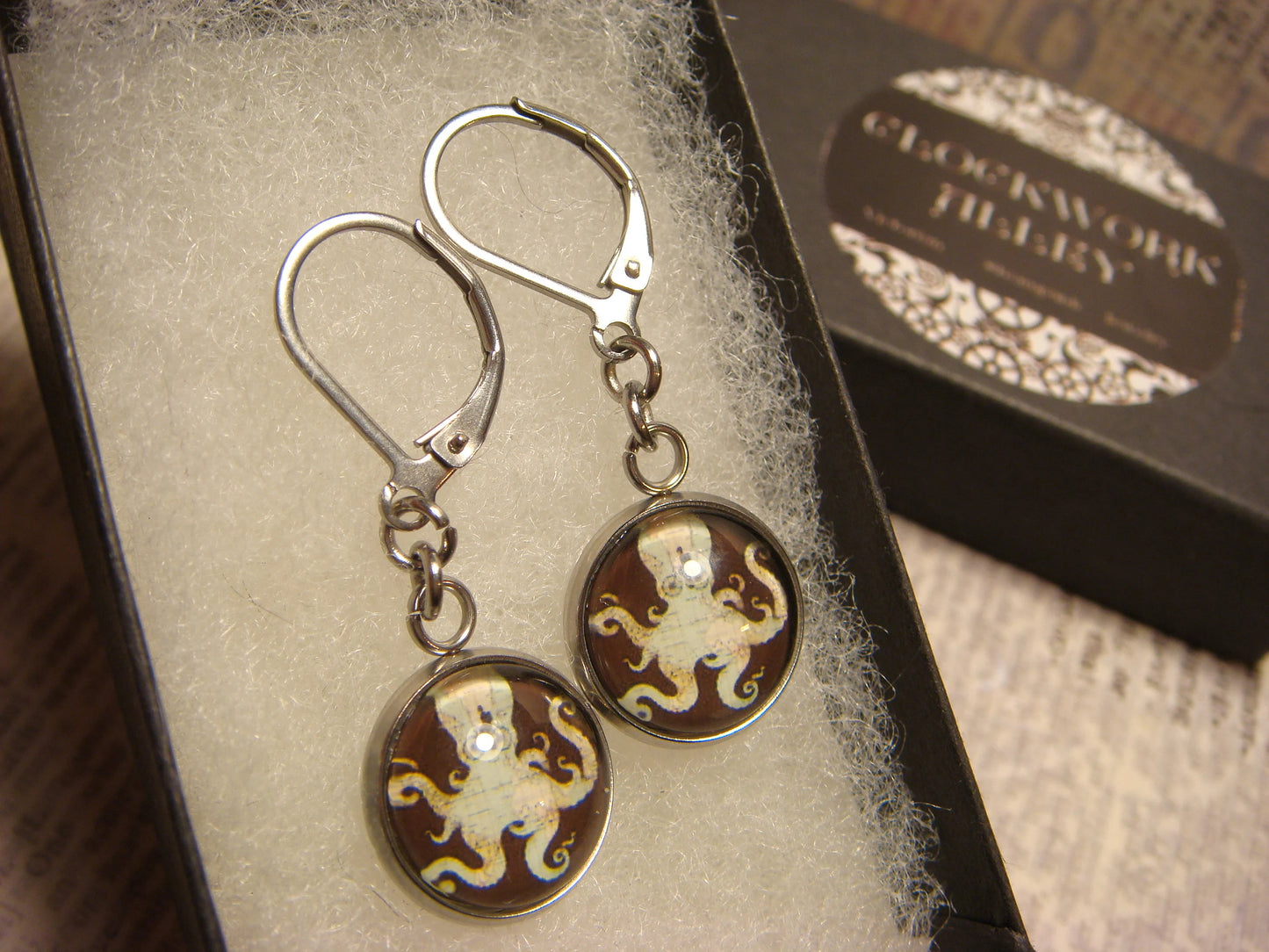 Octopus Map Image Stainless Steel Dangle Earrings