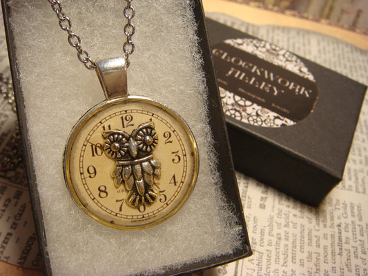 Owl over Clock Pendant Necklace
