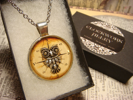 Owl over Compass Pendant Necklace
