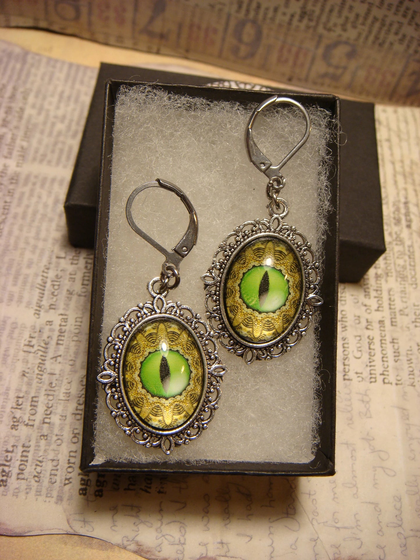 Green Eye Image Ornate Dangle Earrings