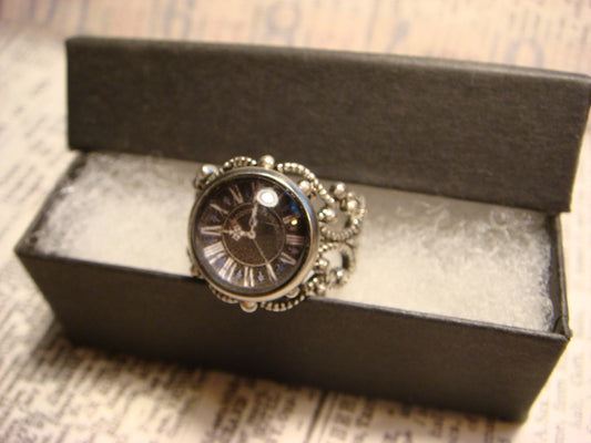 Clock Image Filigree Ring in Antique Silver - Adjustable