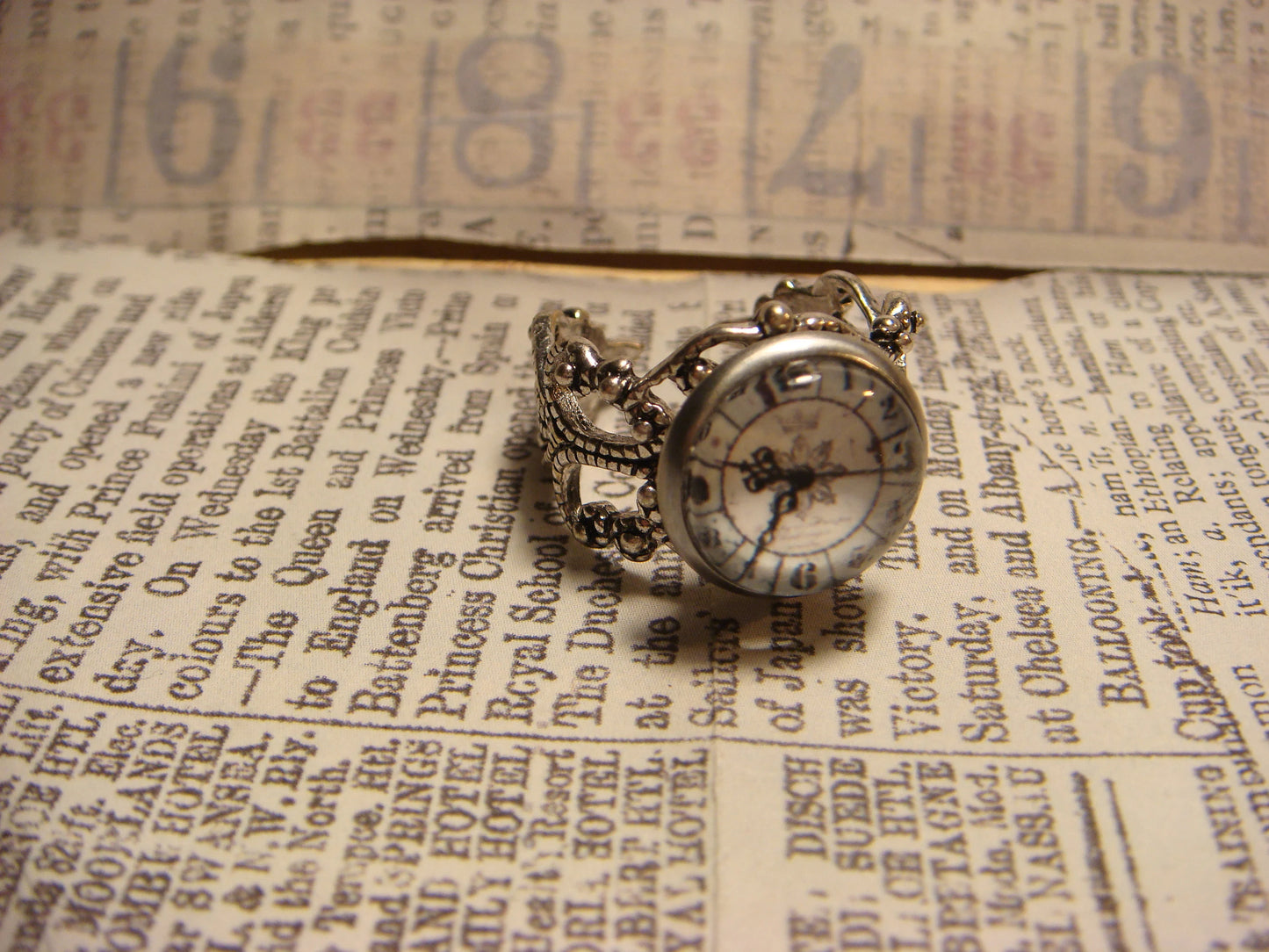 Clock Image Filigree Ring in Antique Silver - Adjustable