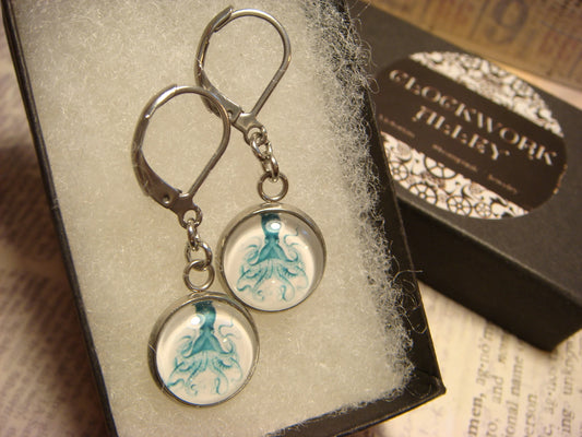 Blue Octopus Image Stainless Steel Dangle Earrings