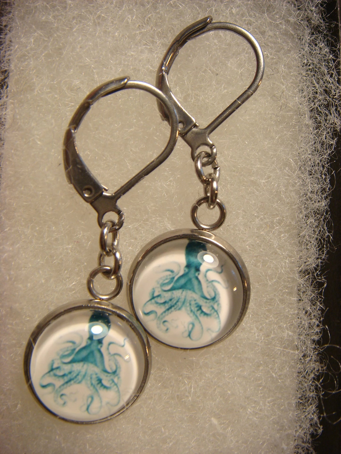 Blue Octopus Image Stainless Steel Dangle Earrings