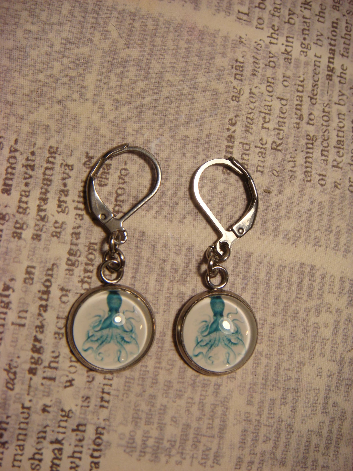 Blue Octopus Image Stainless Steel Dangle Earrings