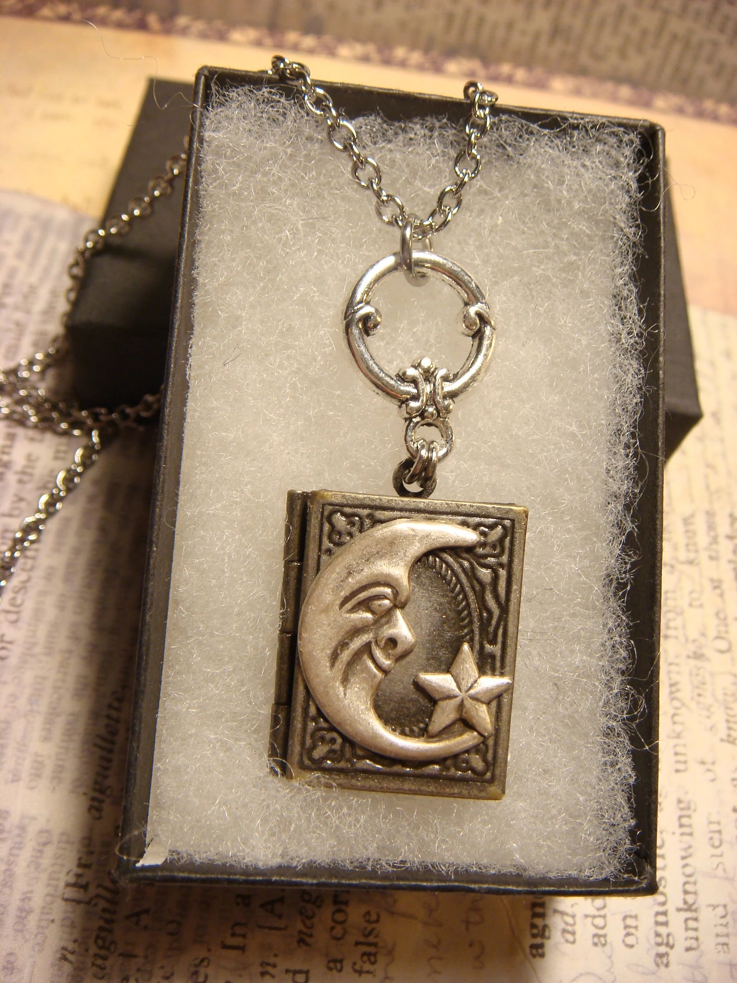 Moon Face and Star Book Locket Necklace