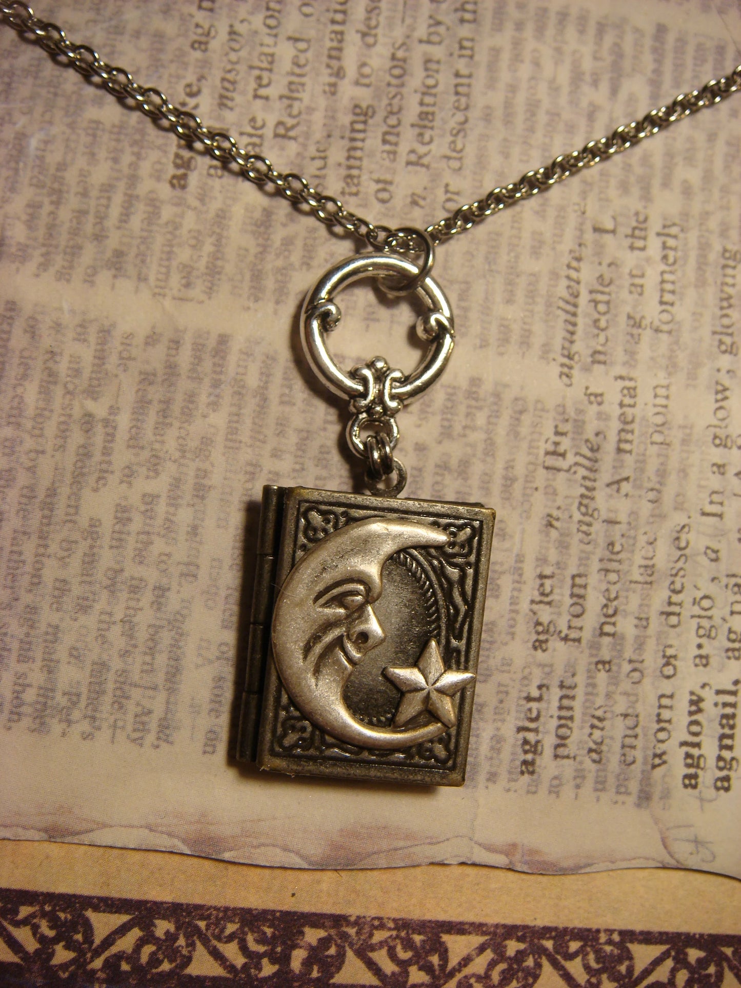 Moon Face and Star Book Locket Necklace