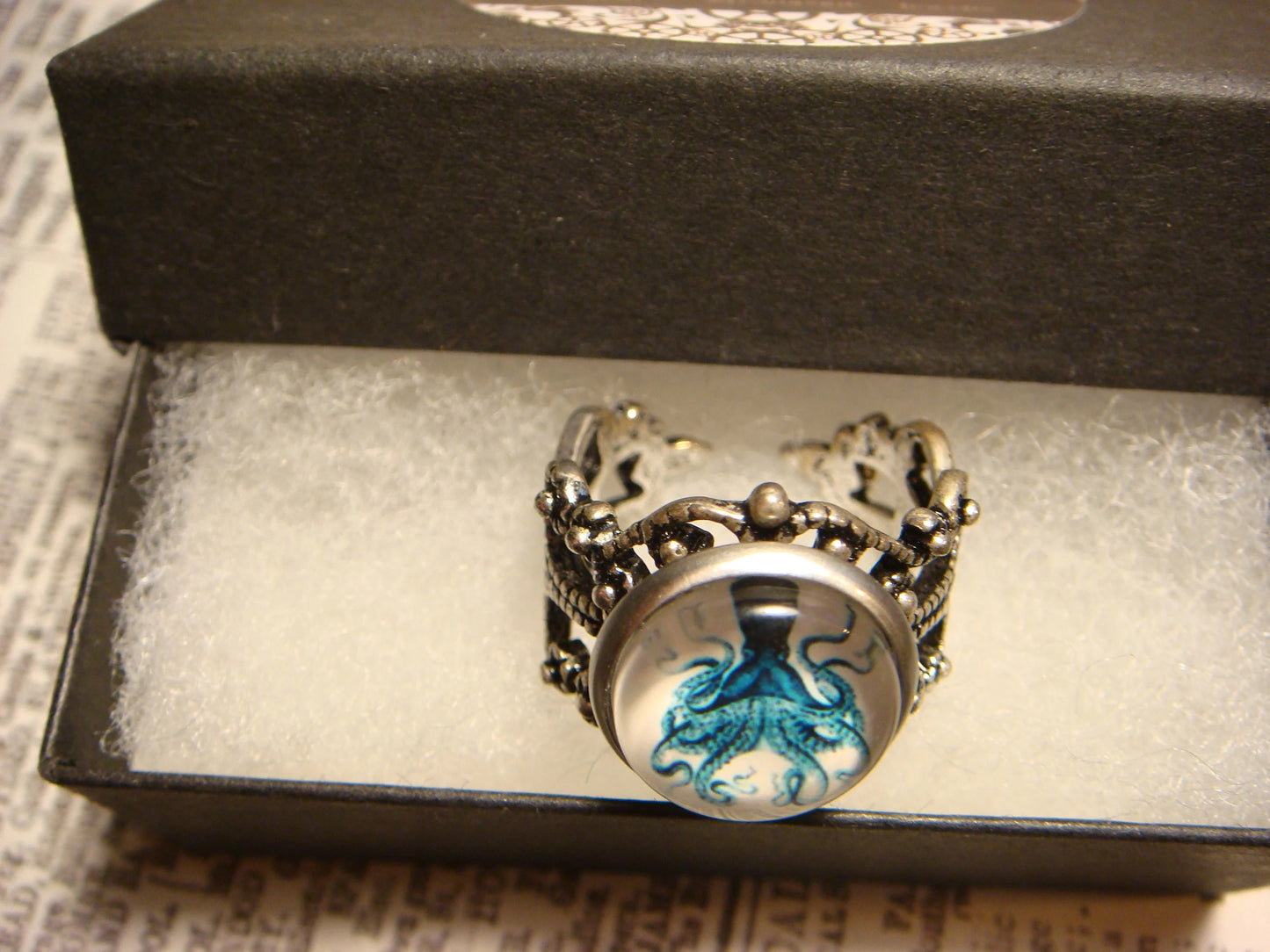 Blue Octopus Image Filigree Ring in Antique Silver - Adjustable