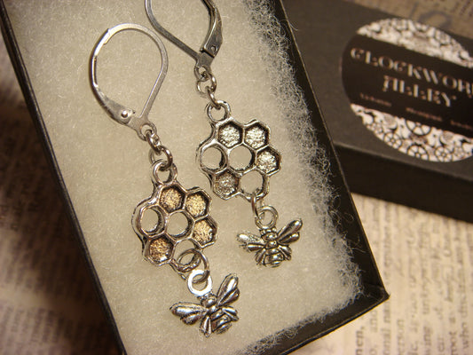 Honeycomb and Bee Dangle Earrings in Antique Silver