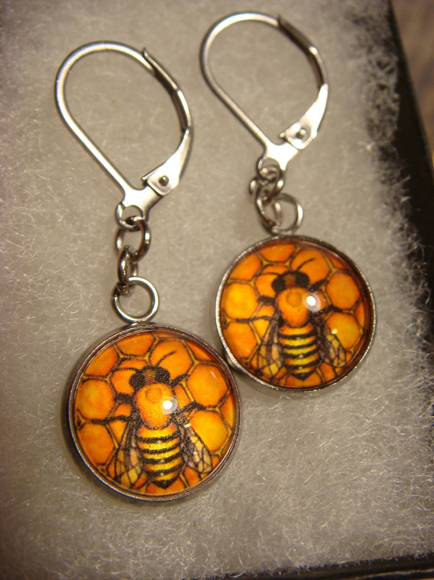 Honeycomb Bee Image Stainless Steel Dangle Earrings