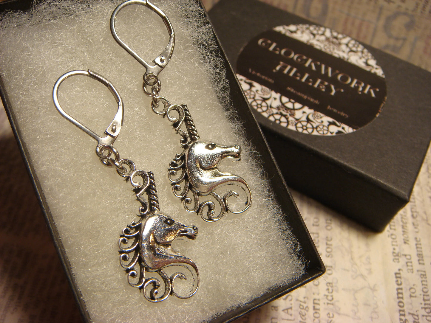 Unicorn Dangle Earrings in Antique Silver