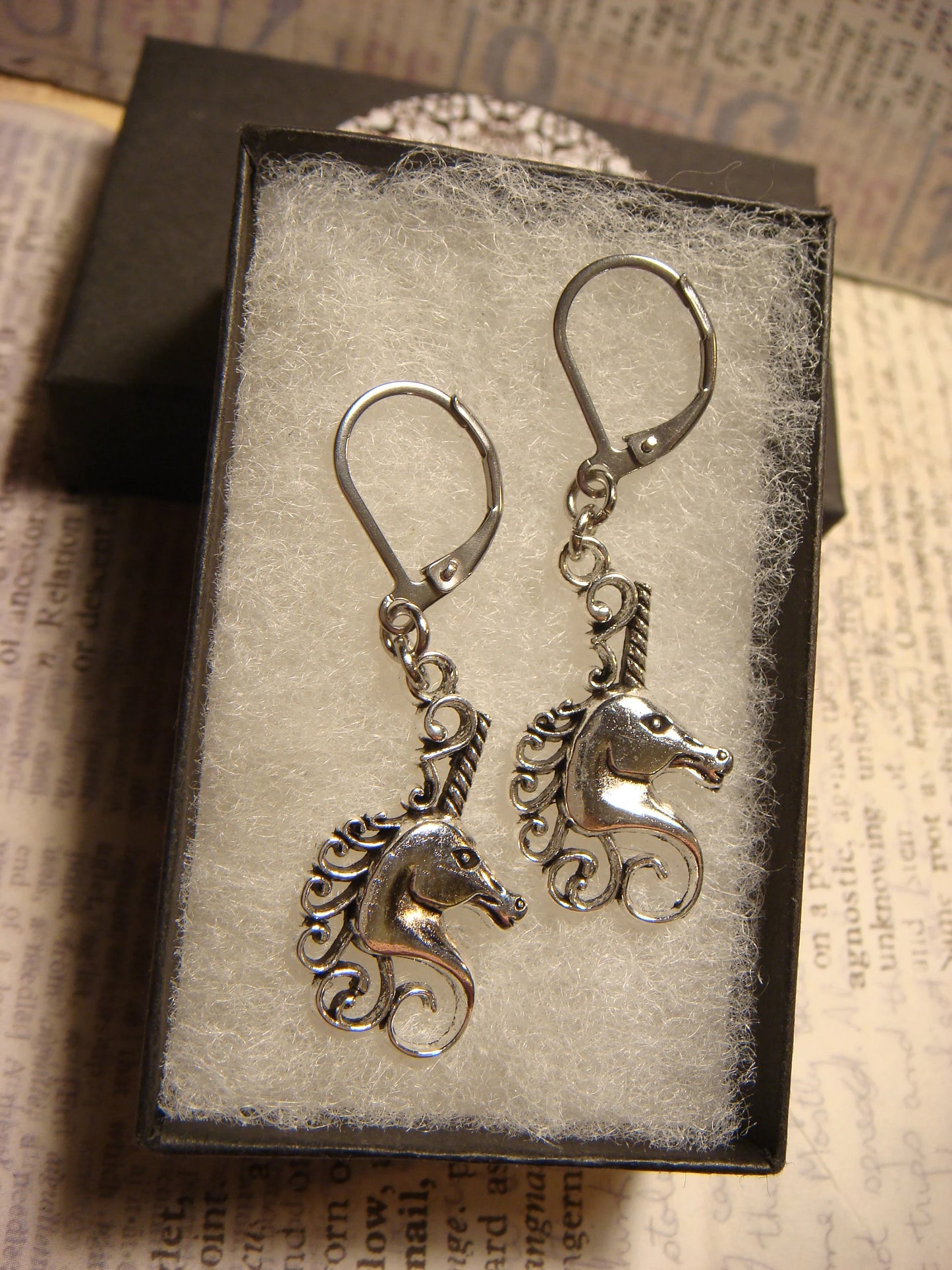 Unicorn Dangle Earrings in Antique Silver